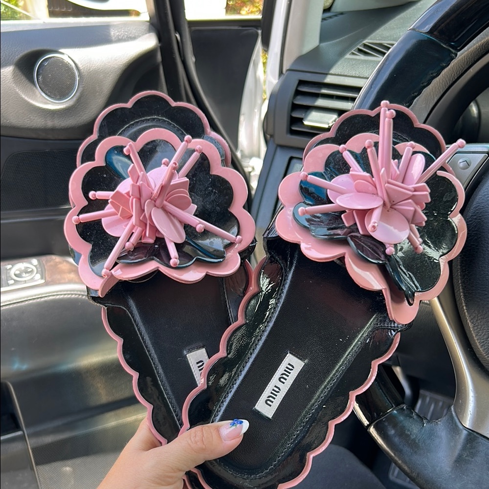 Miu Miu Pink and Black Women's Sandals 6.5 run big comfy